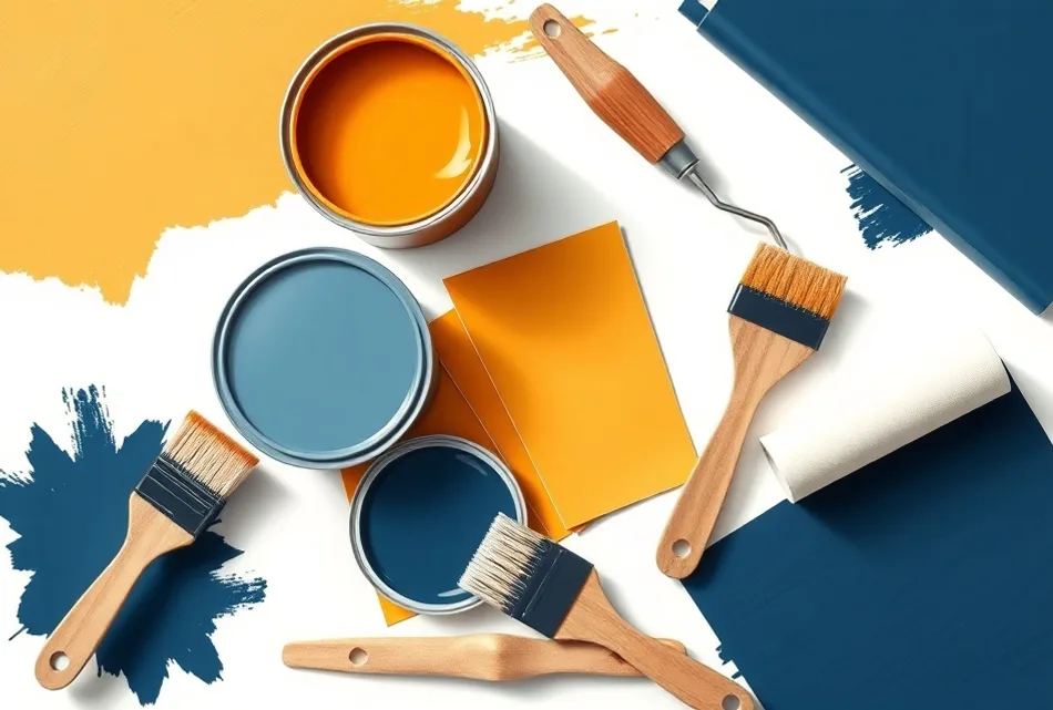 Pots de peinture, nuancier, brosses et rouleaux disposés à plat