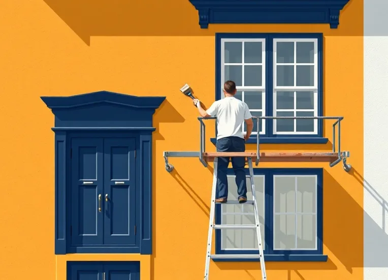 Peintre sur échafaudage traitant la façade d'une maison