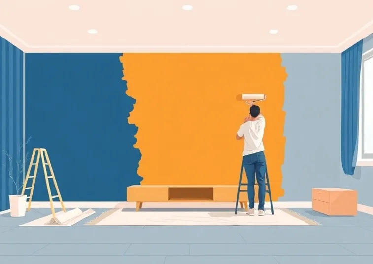 Peintre appliquant la peinture au rouleau sur un mur de salon